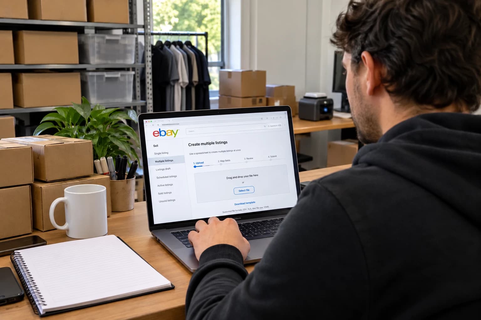 A reseller uploading a bulk listing spreadsheet to eBay's Create Multiple Listings page from a laptop, surrounded by packed shipping boxes.